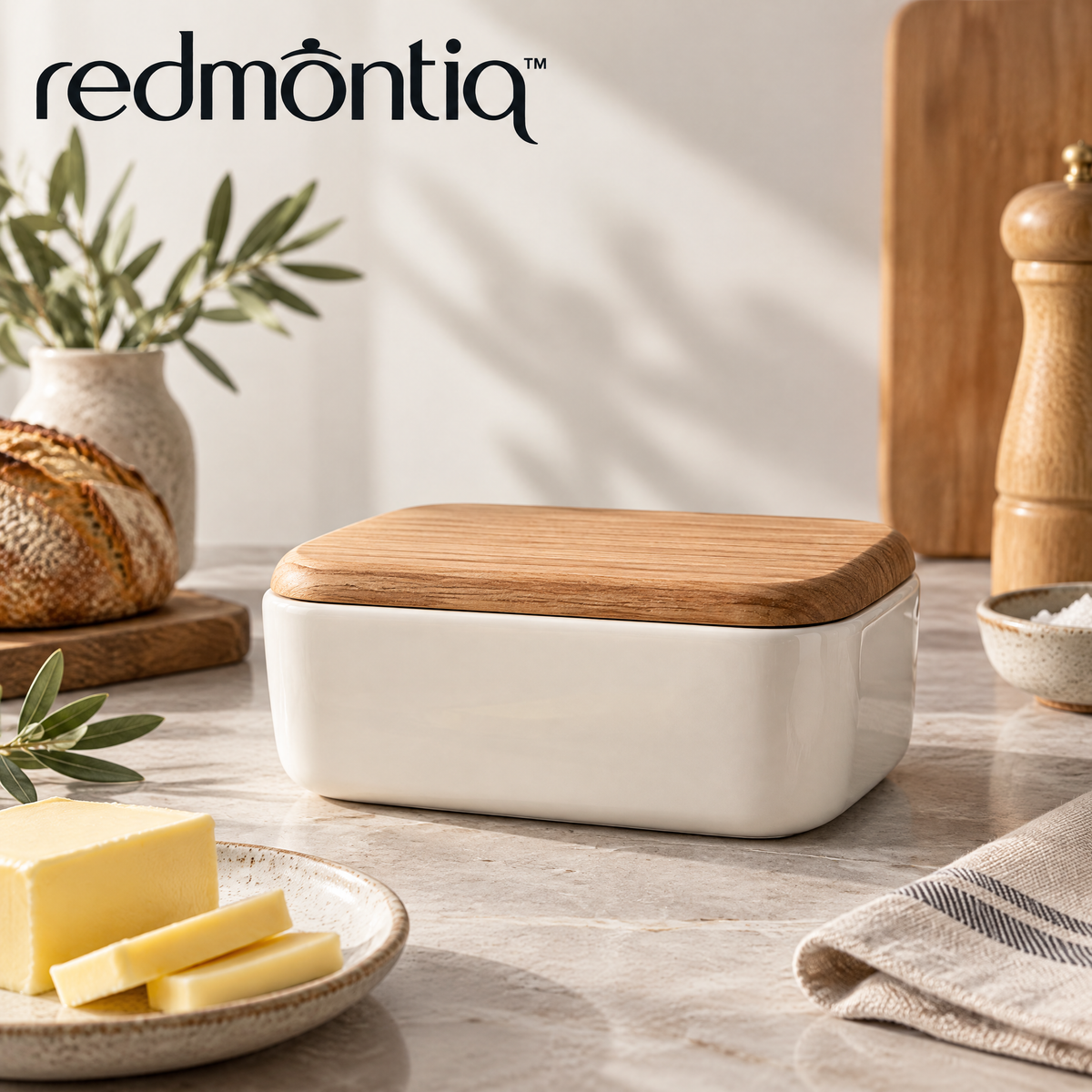 Redmontiq™ Ceramic Butter Dish with Wooden Lid